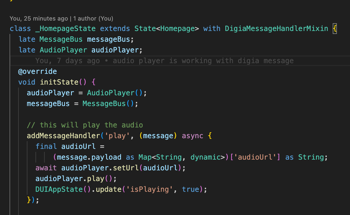 Code snippet showing a Flutter state class with an audio player and message bus setup, handling a “play” message to load an audio URL and start playback.
