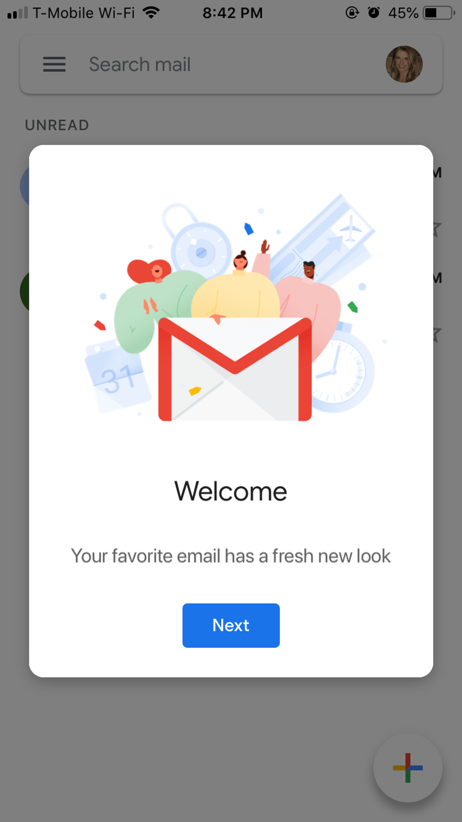 Gmail app welcome screen shows colorful characters and an envelope icon. Text: "Welcome, Your favorite email has a fresh new look."