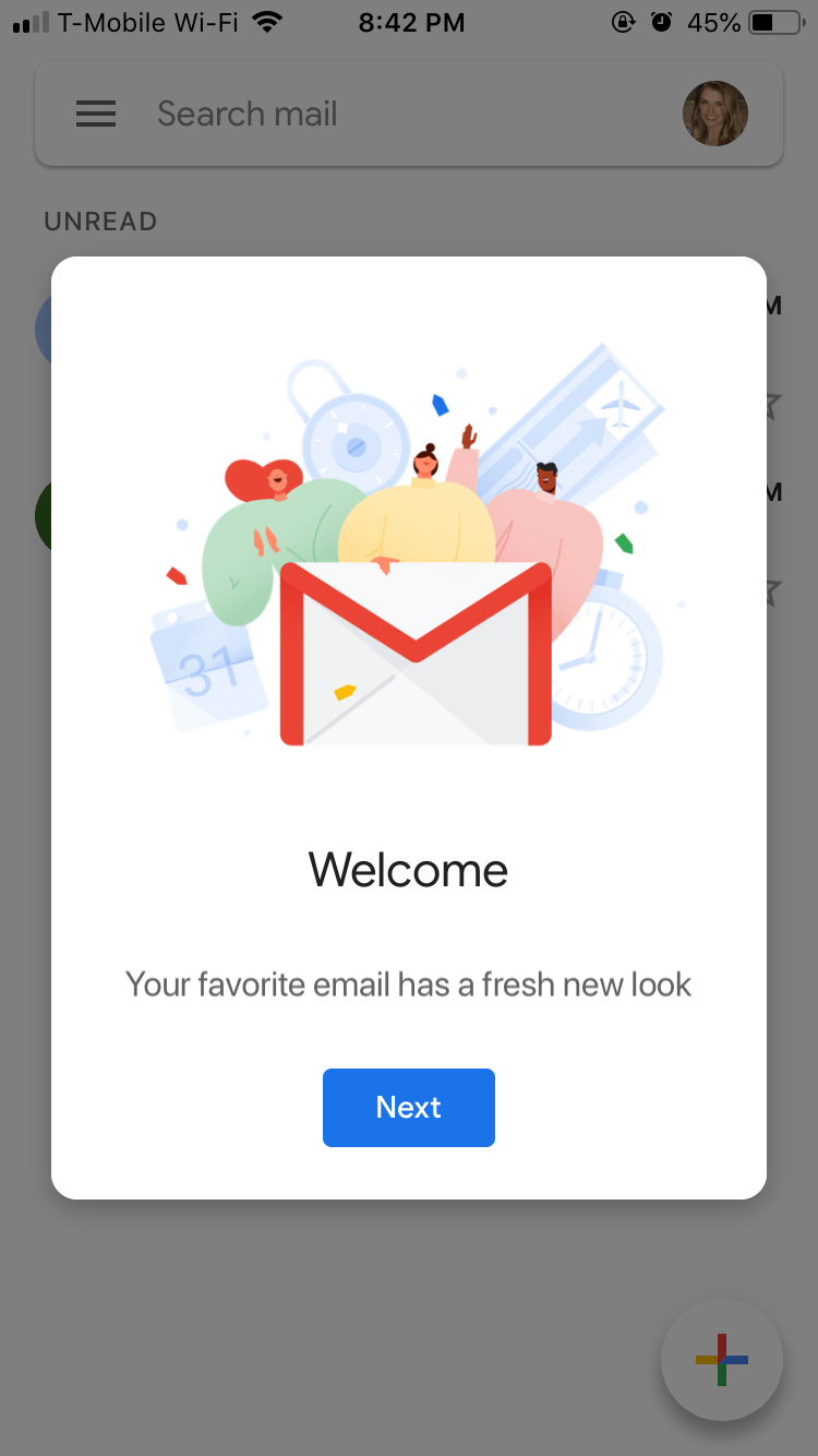 Gmail app welcome screen shows colorful characters and an envelope icon. Text: "Welcome, Your favorite email has a fresh new look."