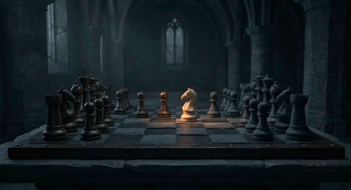 A dark, minimalist scene showing a glowing, arched doorway with a shadowy figure standing inside, partially reflected on a glossy floor, creating a mysterious and atmospheric mood.