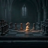 A dark, minimalist scene showing a glowing, arched doorway with a shadowy figure standing inside, partially reflected on a glossy floor, creating a mysterious and atmospheric mood.
