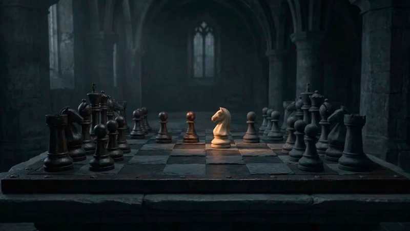 A dark, minimalist scene showing a glowing, arched doorway with a shadowy figure standing inside, partially reflected on a glossy floor, creating a mysterious and atmospheric mood.