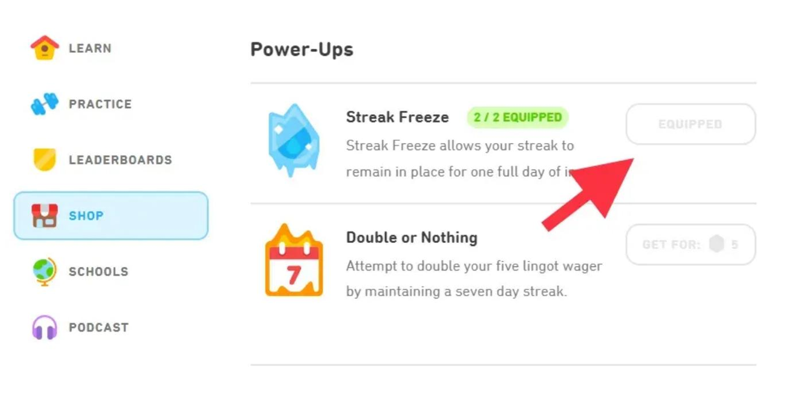 Duolingo's streak mechanic showing consecutive-day learning progress and streak preservation features.
