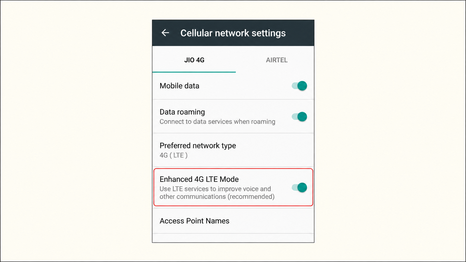 Android cellular network settings screen showing Jio 4G selected, mobile data and data roaming enabled, preferred network type set to 4G (LTE), and “Enhanced 4G LTE Mode” highlighted with a red border and enabled.
