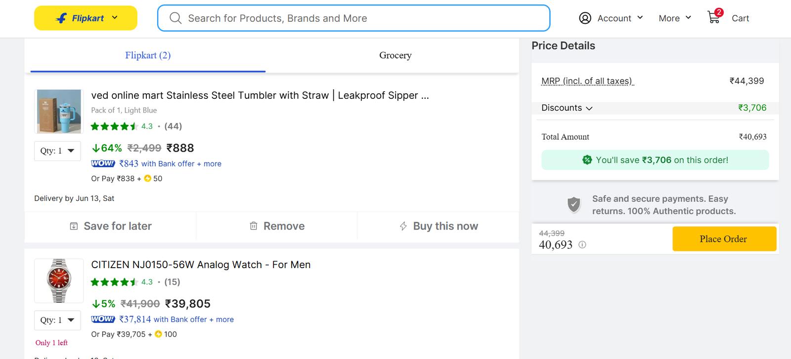 Save for Later section inside Flipkart shopping cart.