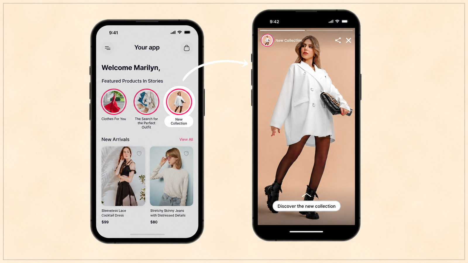 Two smartphone screens illustrate a story-based shopping experience. The left screen shows an e-commerce app homepage with featured product stories and new arrivals, while the right screen displays a full-screen interactive story promoting a new fashion collection with a "Discover the new collection" call-to-action. The visual highlights how story-style content helps users discover products and navigate seamlessly from browsing to shopping.