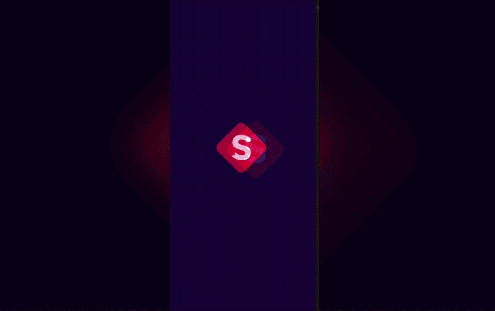 Animated splash screen of a mobile app featuring a glowing red ‘S’ logo on a dark purple background, representing the app loading screen before user onboarding