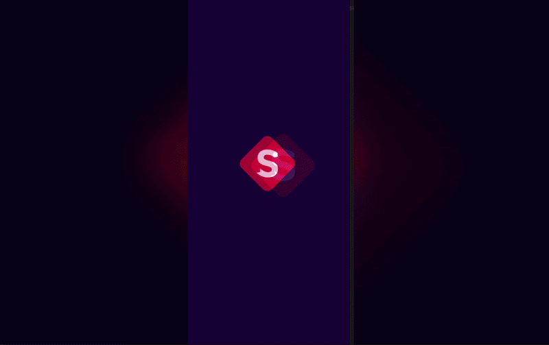 Animated splash screen of a mobile app featuring a glowing red ‘S’ logo on a dark purple background, representing the app loading screen before user onboarding