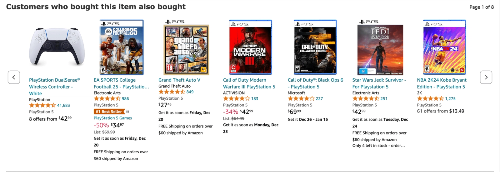 Amazon product page recommendation carousel titled "Customers who bought this item also bought", displaying a PlayStation DualSense controller alongside related PlayStation 5 games and accessories. The horizontally scrollable row includes popular titles such as EA Sports College Football 25, Grand Theft Auto V, Call of Duty, Star Wars Jedi: Survivor, and NBA 2K24, illustrating Amazon's collaborative filtering recommendation system.