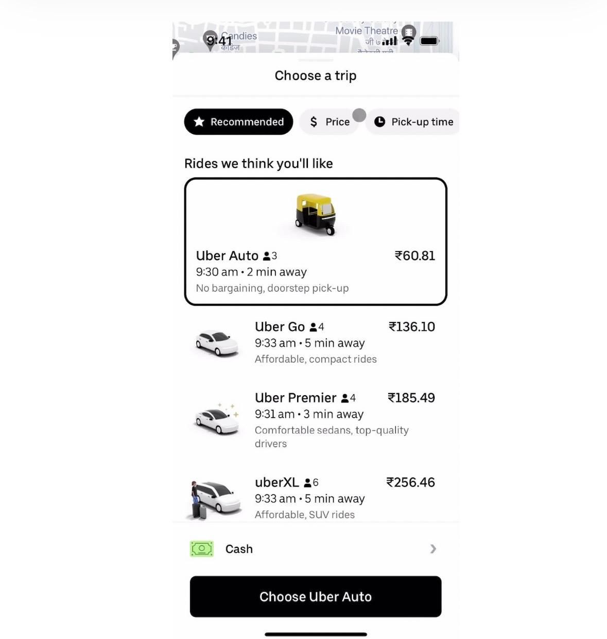 Uber bottom sheet presenting ride choices with a primary booking action and secondary options.