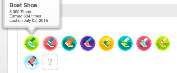 Colorful badges with sneakers are shown. A pop-up reads: "Boat Shoe, 5,000 Steps, Earned 634 times, Last on July 02, 2015."