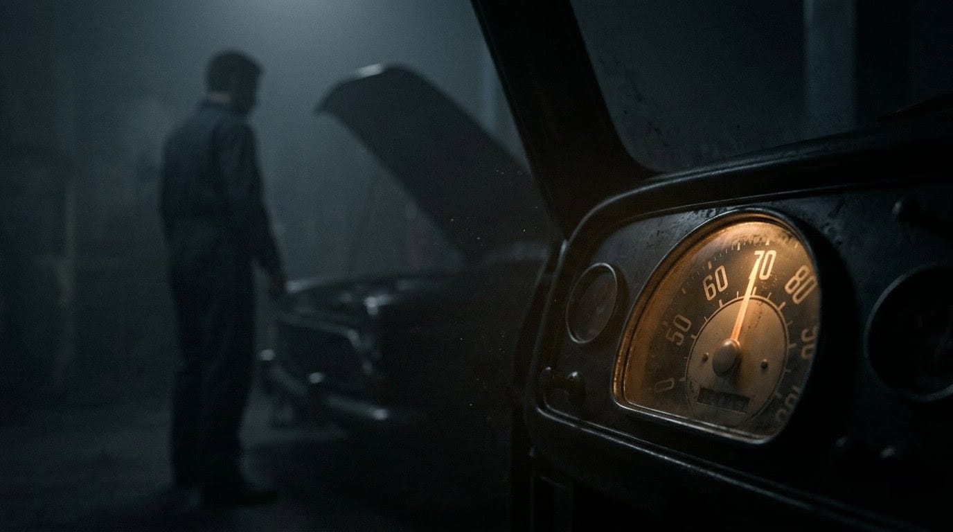 A mechanic stands beside a car with an open hood in a dim garage. A glowing speedometer shows 70. The scene is moody and atmospheric.