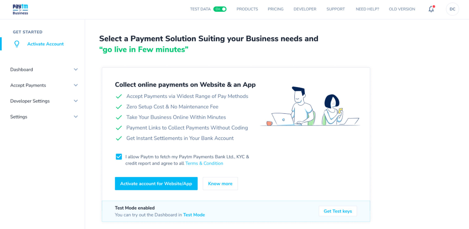 Paytm Business dashboard with a call to activate an account for online payments. Features include payment links and instant settlements.