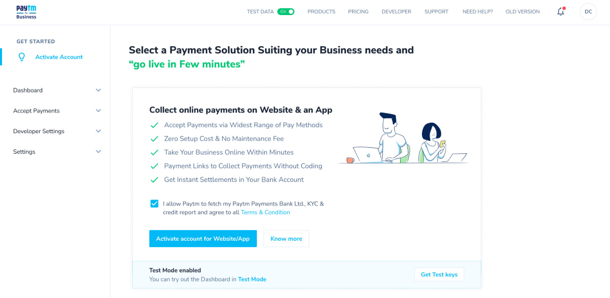 Paytm Business dashboard with a call to activate an account for online payments. Features include payment links and instant settlements.
