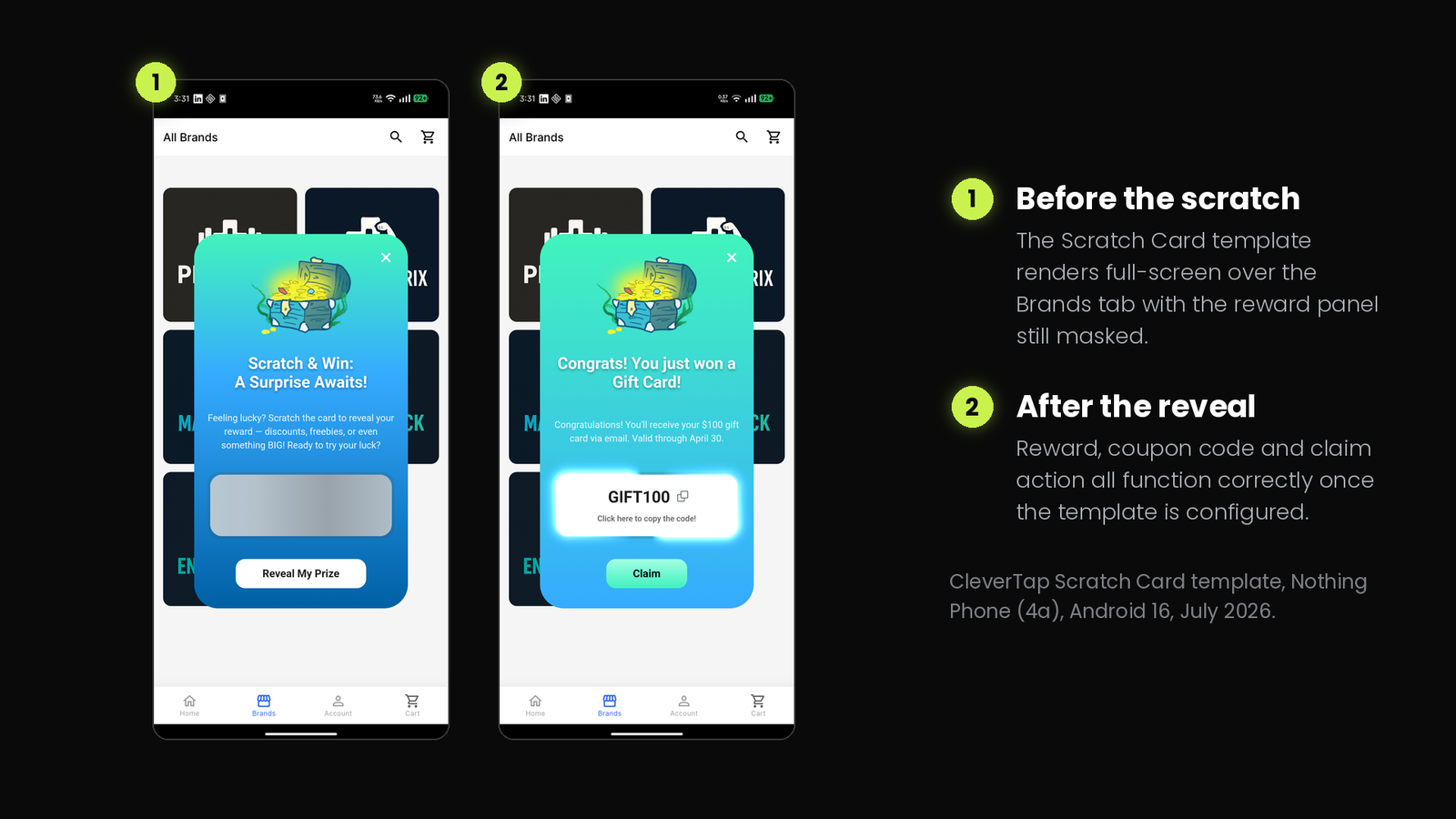 CleverTap Scratch Card gamification template rendered on device showing the masked panel, the reveal, and the coupon claim action
