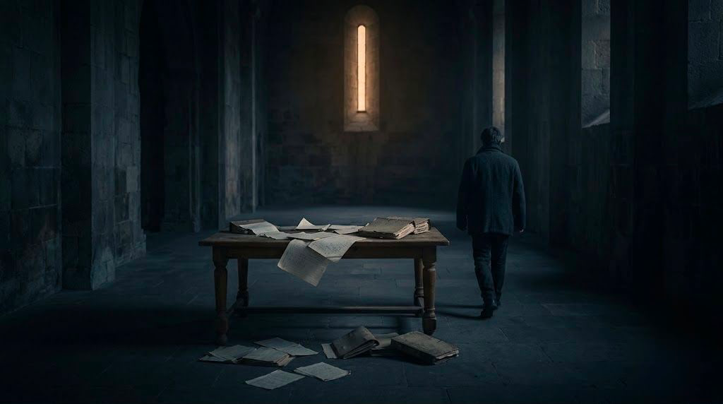 A dark, minimalist scene showing a glowing, arched doorway with a shadowy figure standing inside, partially reflected on a glossy floor, creating a mysterious and atmospheric mood.