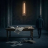 A dark, minimalist scene showing a glowing, arched doorway with a shadowy figure standing inside, partially reflected on a glossy floor, creating a mysterious and atmospheric mood.