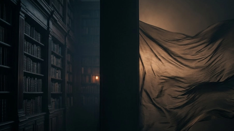 Dark cinematic library hallway with shadowy shelves and flowing fabric, symbolizing hidden layers of product engagement and deep mobile experience architecture