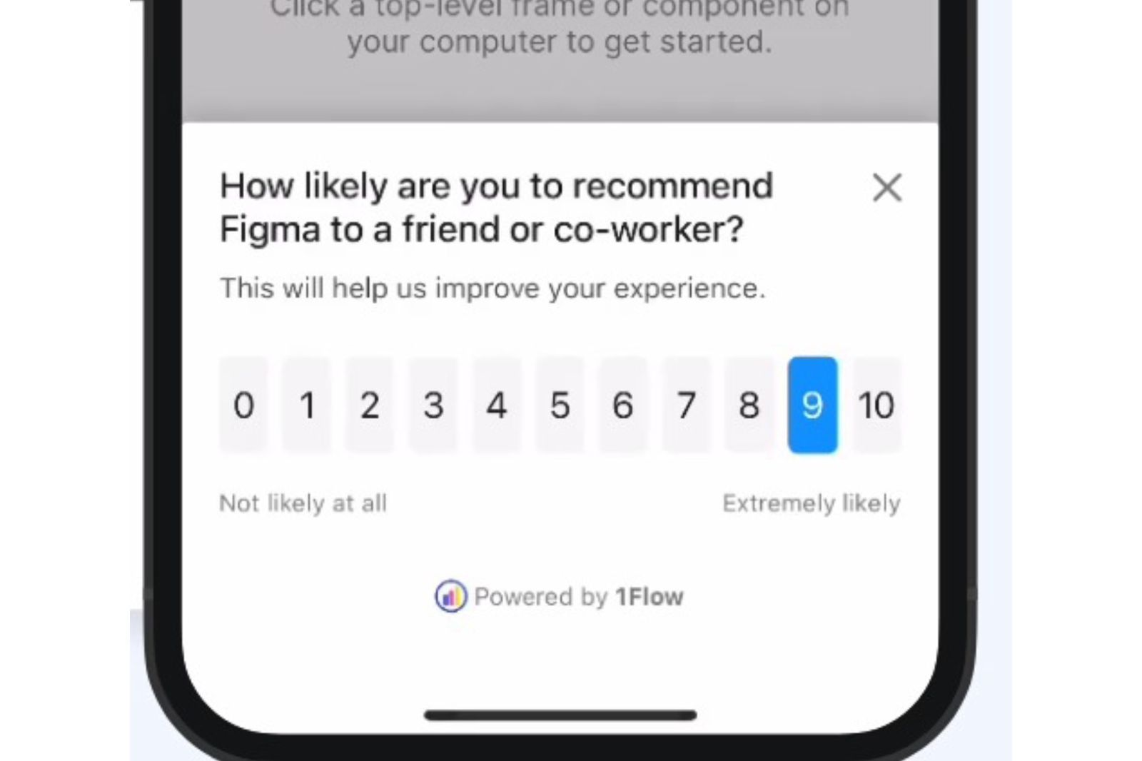Mobile in-app Net Promoter Score (NPS) survey asking users how likely they are to recommend the app, with a 0–10 rating scale and the score of 9 selected.