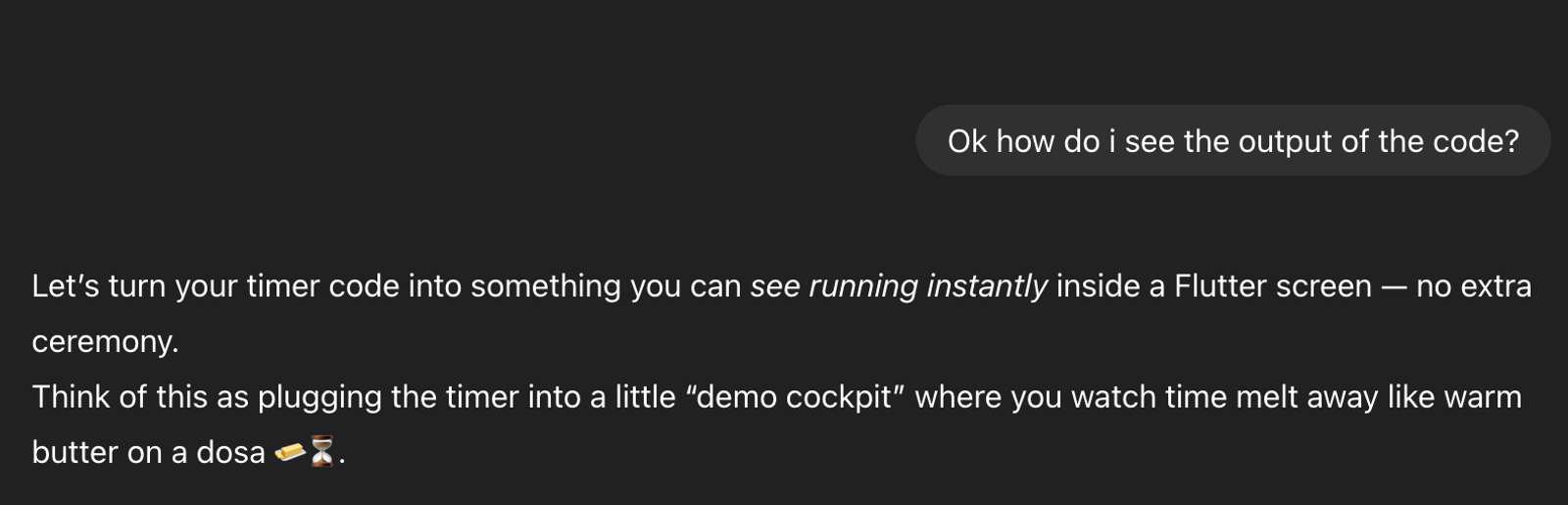 Close-up of a chat interface showing a message about turning code into something “running instantly,” with a partial user query visible on the right.