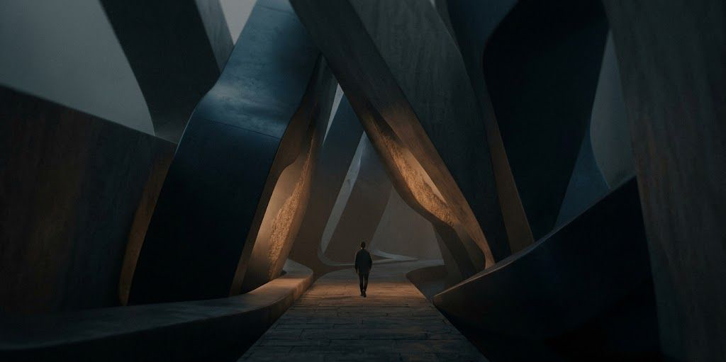 A dark, minimalist scene showing a glowing, arched doorway with a shadowy figure standing inside, partially reflected on a glossy floor, creating a mysterious and atmospheric mood.