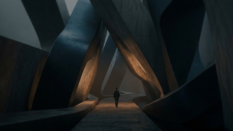 A dark, minimalist scene showing a glowing, arched doorway with a shadowy figure standing inside, partially reflected on a glossy floor, creating a mysterious and atmospheric mood.