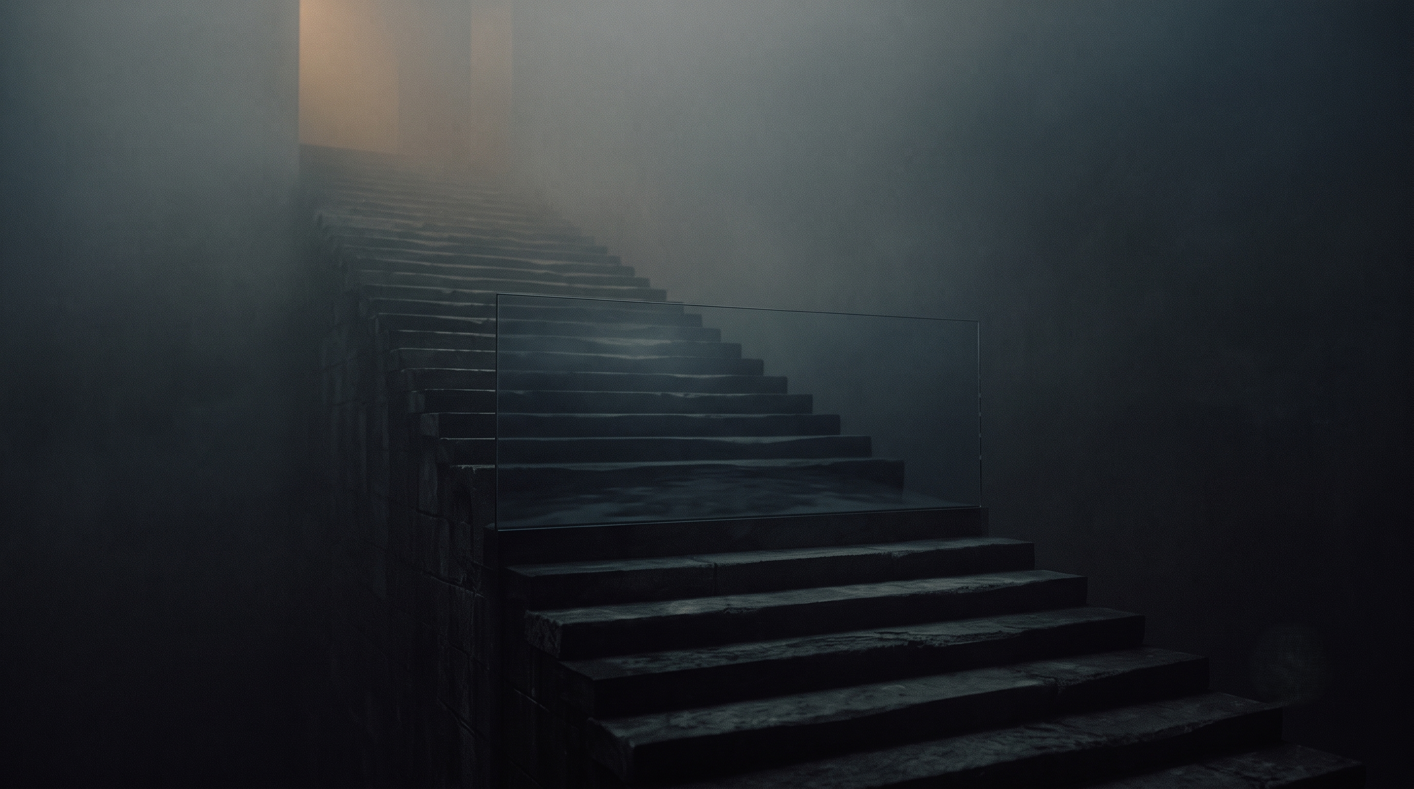 A dark, cinematic image of a stone staircase ascending into thick, shadowy fog, illuminated by a faint, warm amber light at the top.