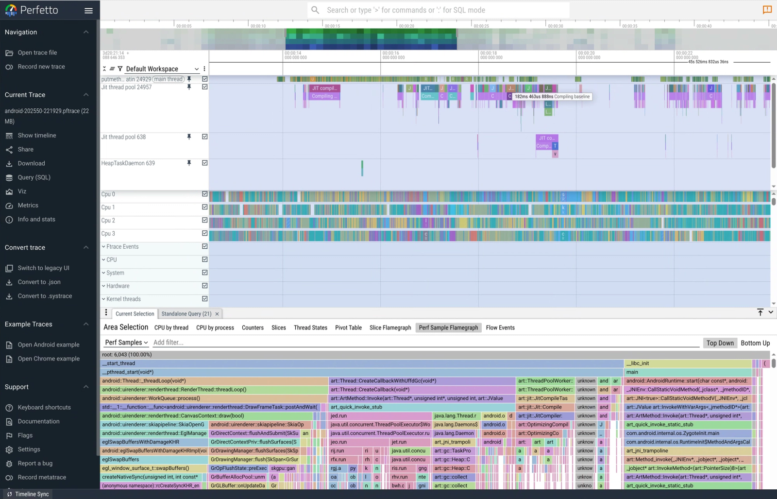 Perfetto UI showing a trace visualization with multicolored CPU usage graphs and thread details. Sidebar navigation options are visible.