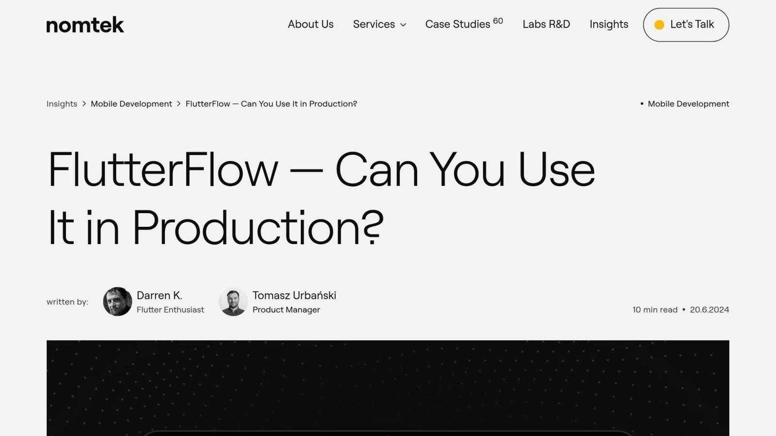 Website article header on FlutterFlow in production, with authors Darren K. and Tomasz Urbański. Clean design, "nomtek" logo, June 2024.