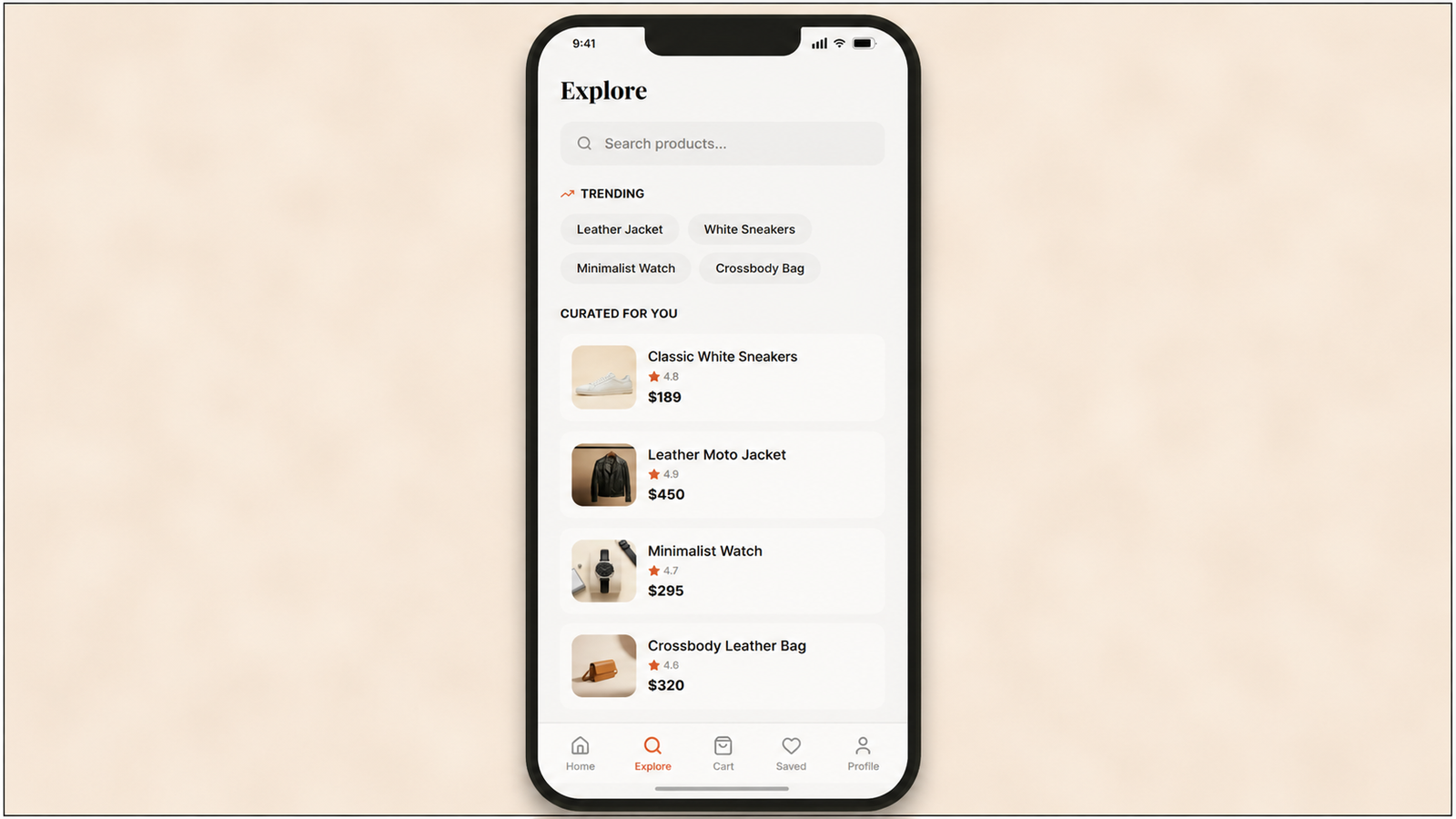Mobile shopping app Explore screen featuring trending categories and curated products including white sneakers, a leather jacket, minimalist watch, and crossbody bag with ratings and prices.