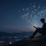 “Person sitting on a hill at night using a tablet, with glowing data charts and network lines floating above, symbolizing analytics-driven decision-making over a city skyline.