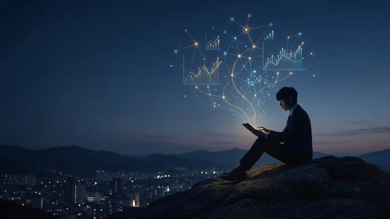 “Person sitting on a hill at night using a tablet, with glowing data charts and network lines floating above, symbolizing analytics-driven decision-making over a city skyline.