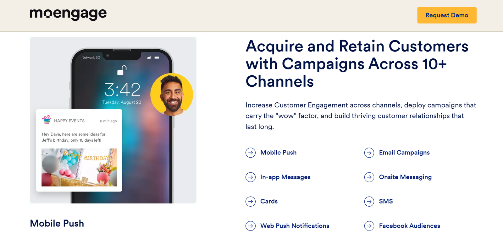 MoEngage customer engagement platform showcasing multi-channel campaigns including mobile push, email, SMS, in-app messaging, and web notifications
