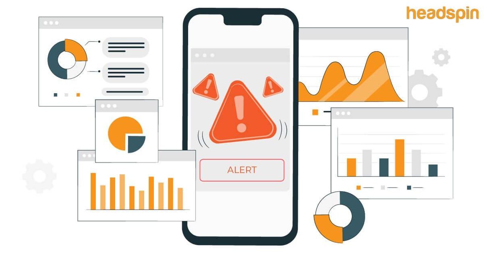 Mobile app crash monitoring and analytics illustration showing alerts, performance graphs, and observability dashboards for debugging production issues.