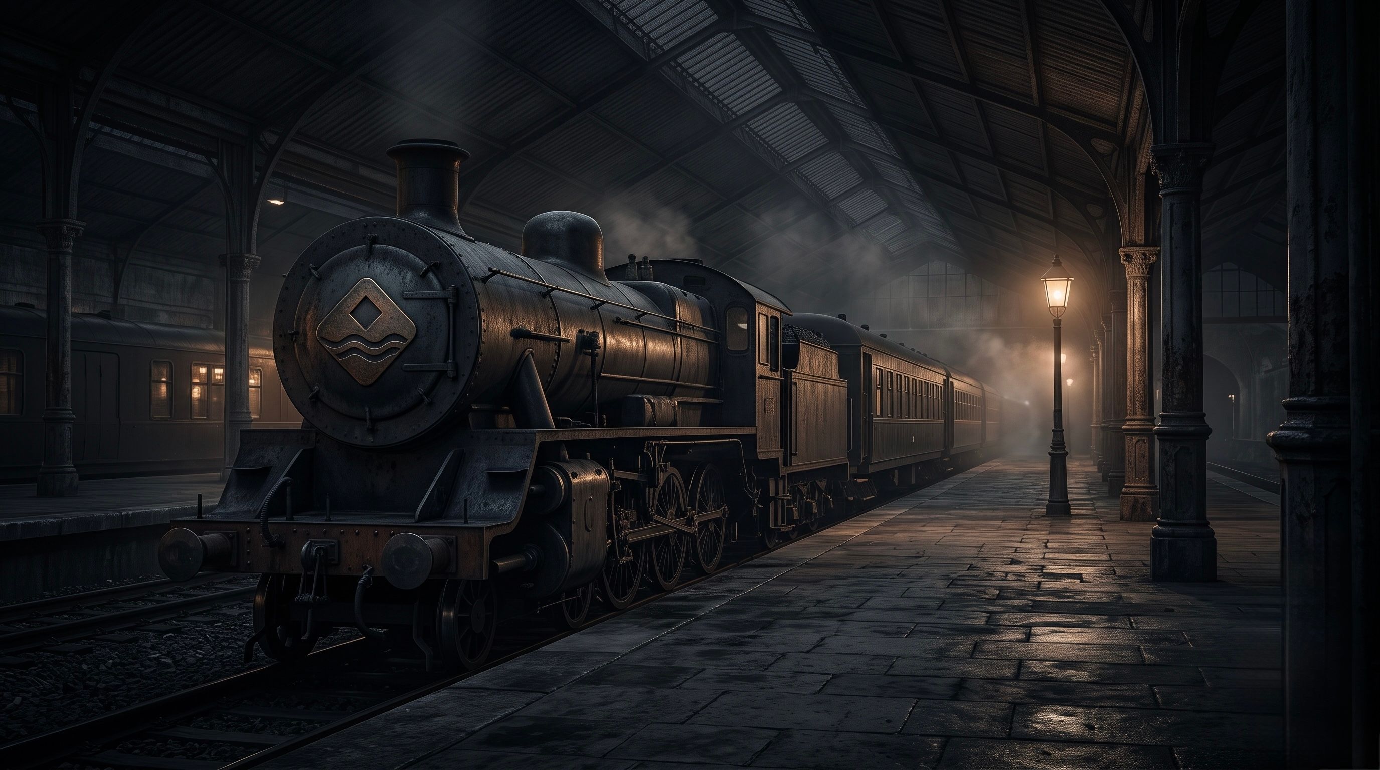 A dark, minimalist scene showing a glowing, arched doorway with a shadowy figure standing inside, partially reflected on a glossy floor, creating a mysterious and atmospheric mood.