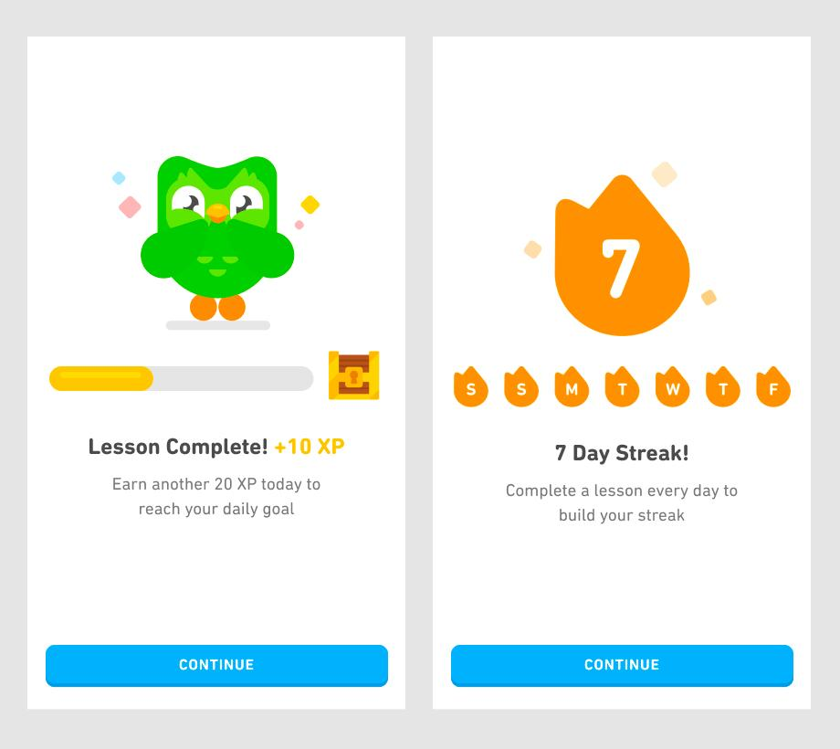 Two Duolingo progress screens showing achievement and streak milestones. One screen displays a completed lesson with a partially filled progress bar and earned XP, while the other highlights a seven-day learning streak, reinforcing progress and motivation through visual completion cues.