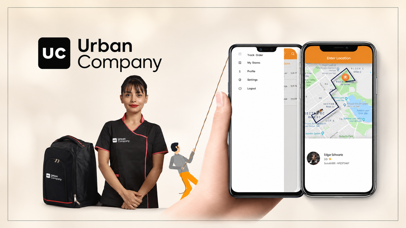 Urban Company service tracking screen displaying technician location, ETA, and booking status