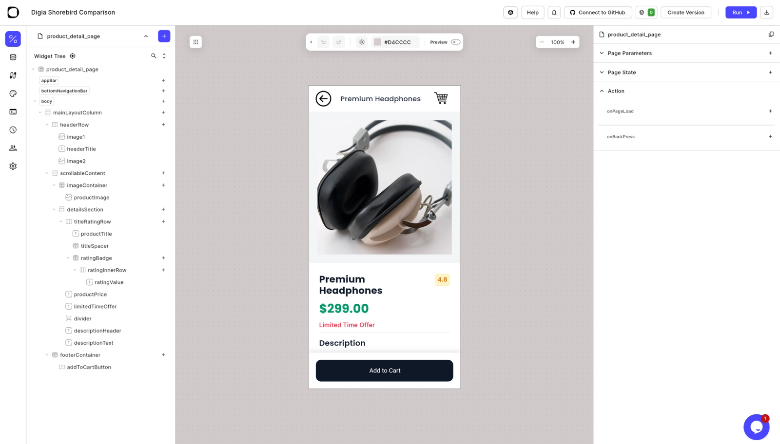 Digia Studio interface showing a server-driven UI builder with component tree, mobile app preview of a product page, and properties panel