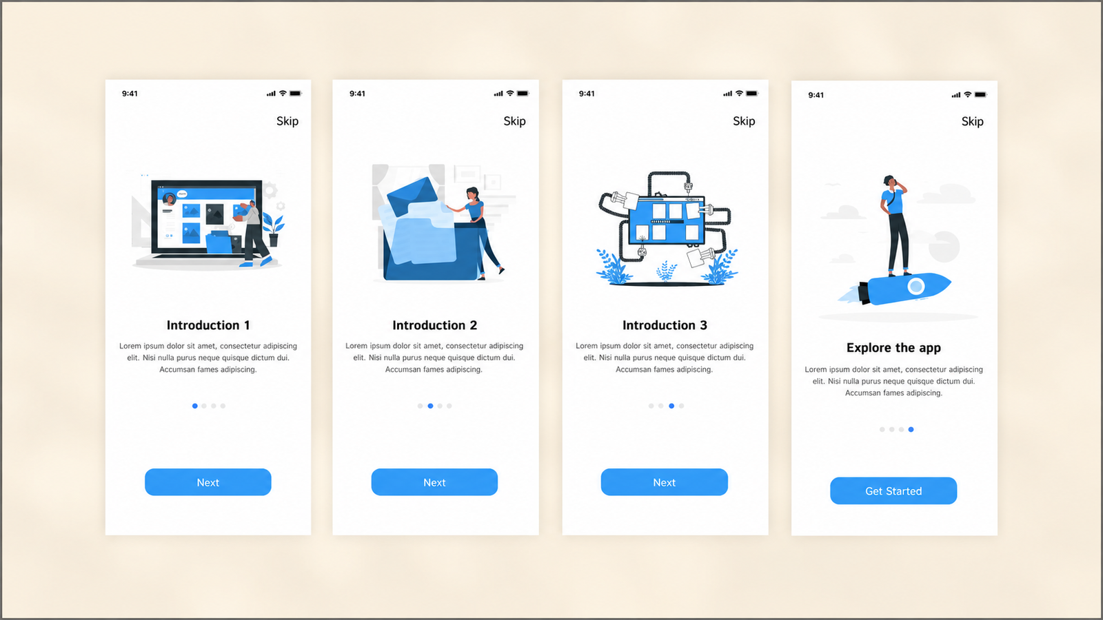 Traditional mobile app onboarding flow with welcome screens and guided product tour.