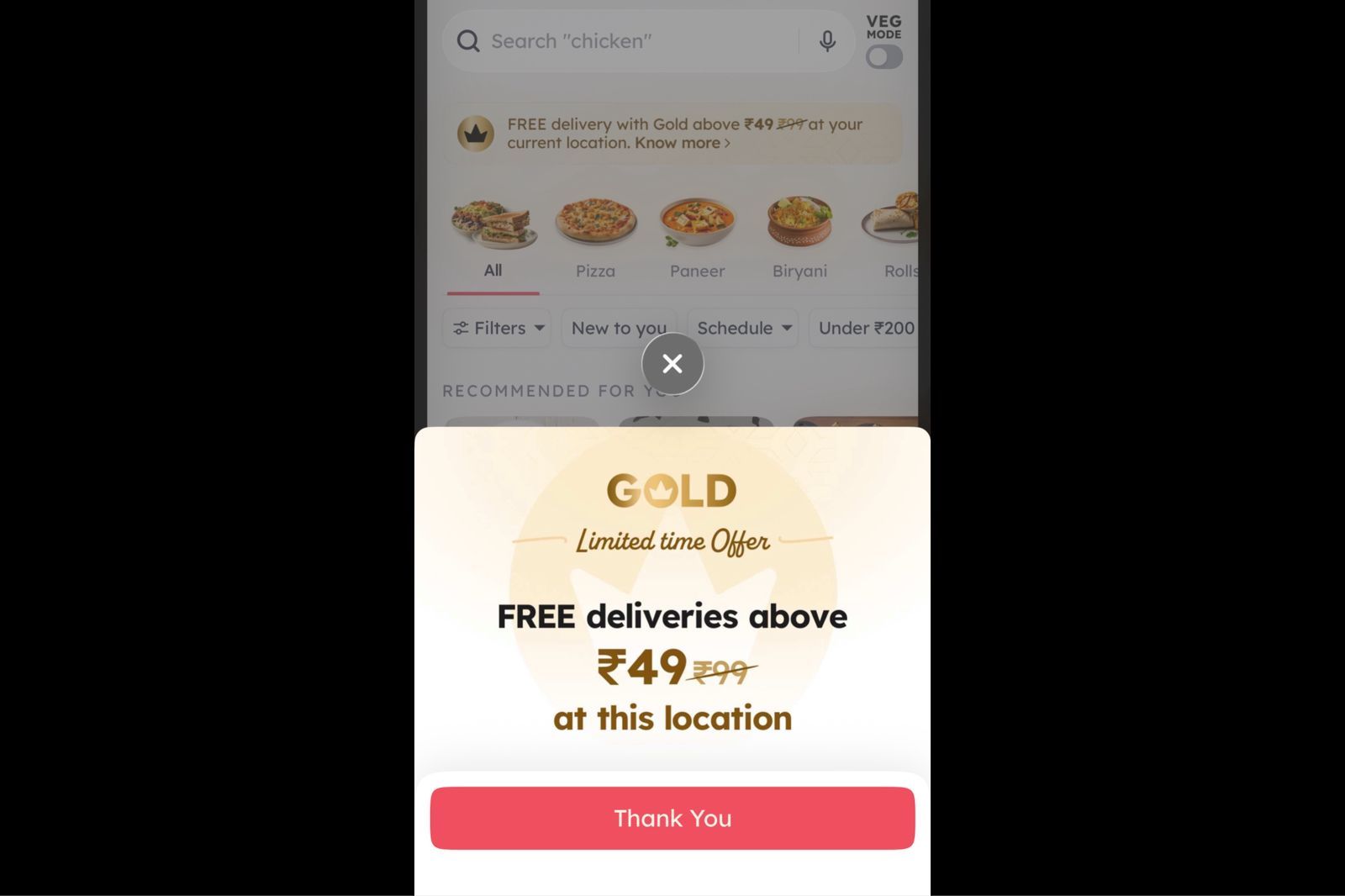 Zomato home screen displaying a Gold membership promotion as a feed card rather than a popup.