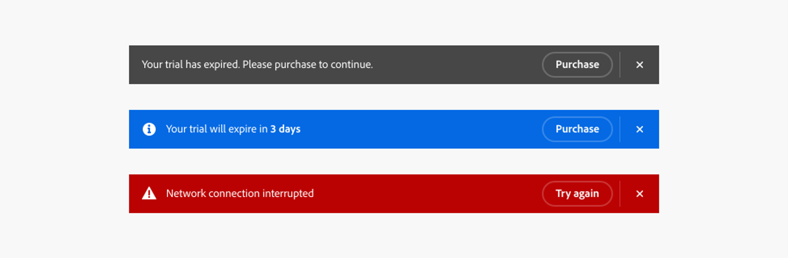 Three notification bars: gray for expired trial, blue for trial expiring in 3 days, and red for network issues, each with purchase or retry options.