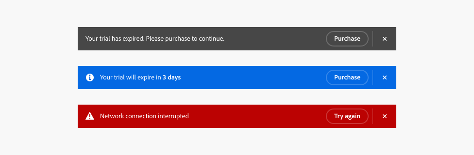Three notification bars: gray for expired trial, blue for trial expiring in 3 days, and red for network issues, each with purchase or retry options.