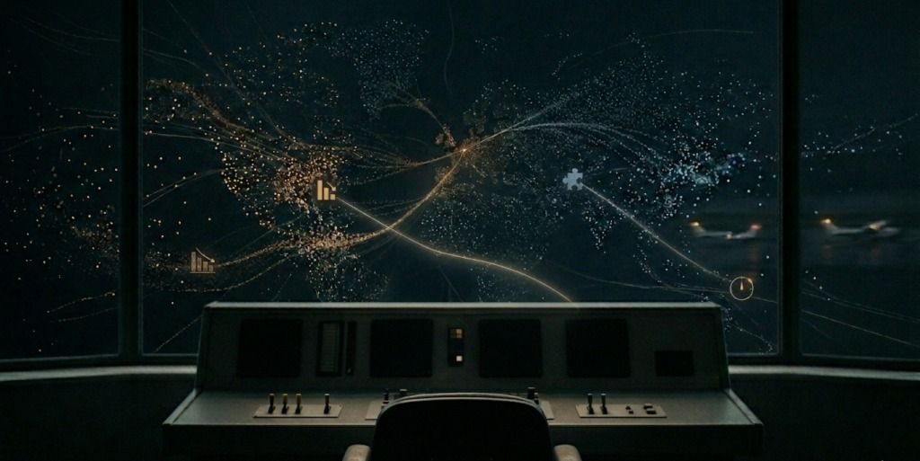 A wide, minimalist, and moody 16:9 fine-art photograph of an empty air traffic control console at night. The scene is cast in deep shadows with a dark palette of charcoal and midnight blue. In the foreground, an empty black office chair sits before a desaturated, dimly lit control desk with retro switches. Through a massive curved window in the background, a complex, sprawling network of glowing, golden particle trails and faint data points stretches across the dark sky like a map, with subtle, warm ochre highlights and two soft, blurred silhouettes of airplanes on a distant, rainy tarmac.