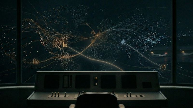 A wide, minimalist, and moody 16:9 fine-art photograph of an empty air traffic control console at night. The scene is cast in deep shadows with a dark palette of charcoal and midnight blue. In the foreground, an empty black office chair sits before a desaturated, dimly lit control desk with retro switches. Through a massive curved window in the background, a complex, sprawling network of glowing, golden particle trails and faint data points stretches across the dark sky like a map, with subtle, warm ochre highlights and two soft, blurred silhouettes of airplanes on a distant, rainy tarmac.