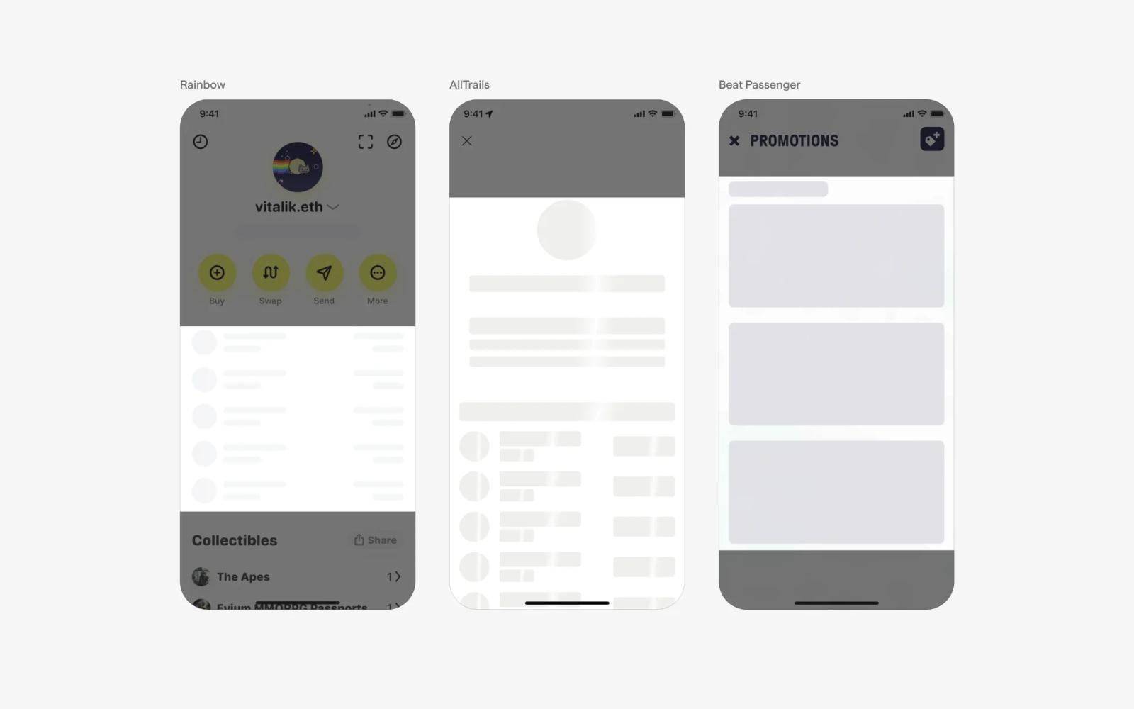 Three smartphone screens show app interfaces. The first has account details and yellow icons. The second and third screens display lists.