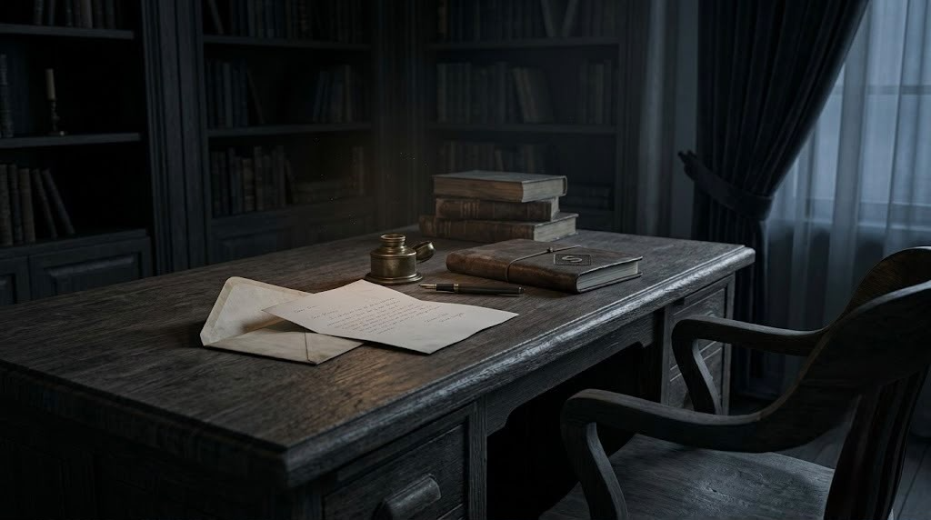 A dark, minimalist scene showing a glowing, arched doorway with a shadowy figure standing inside, partially reflected on a glossy floor, creating a mysterious and atmospheric mood.