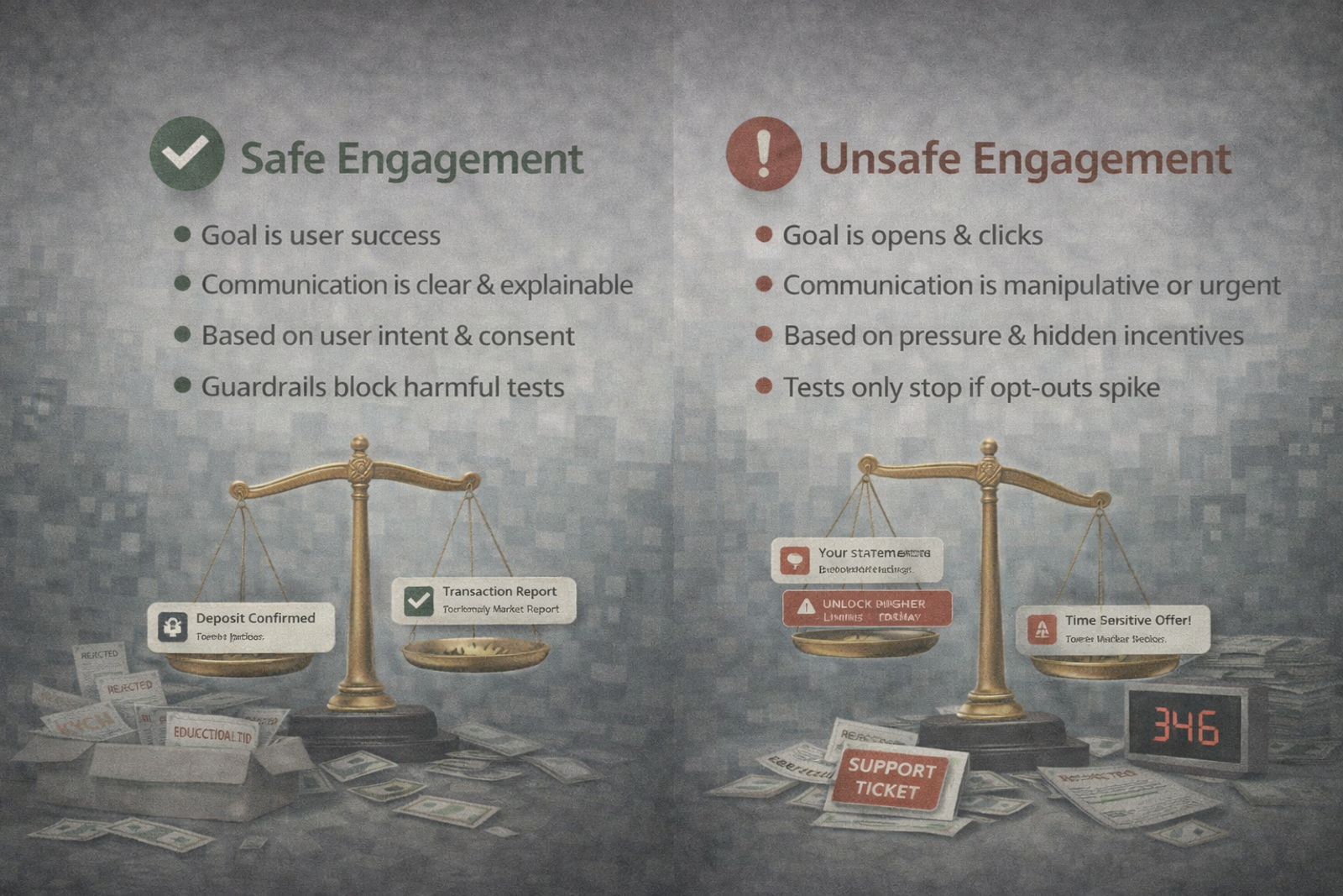 Two scales contrast safe vs. unsafe engagement. Safe: clear, consent-based. Unsafe: manipulative, pressure-driven. Text and icons depict balance.