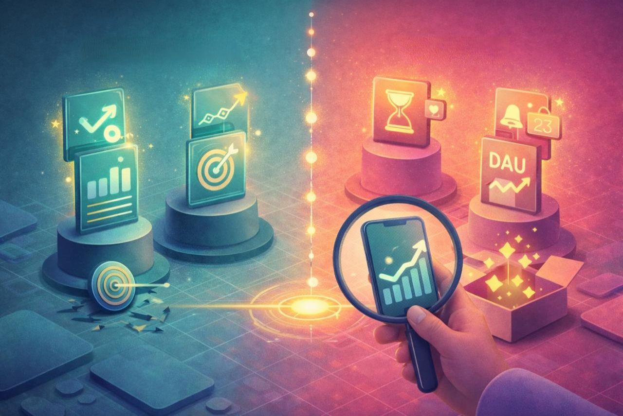 “Split illustration comparing meaningful outcome metrics with vanity engagement metrics, showing targets and growth charts on one side and DAU and notifications under a magnifying glass on the other.”