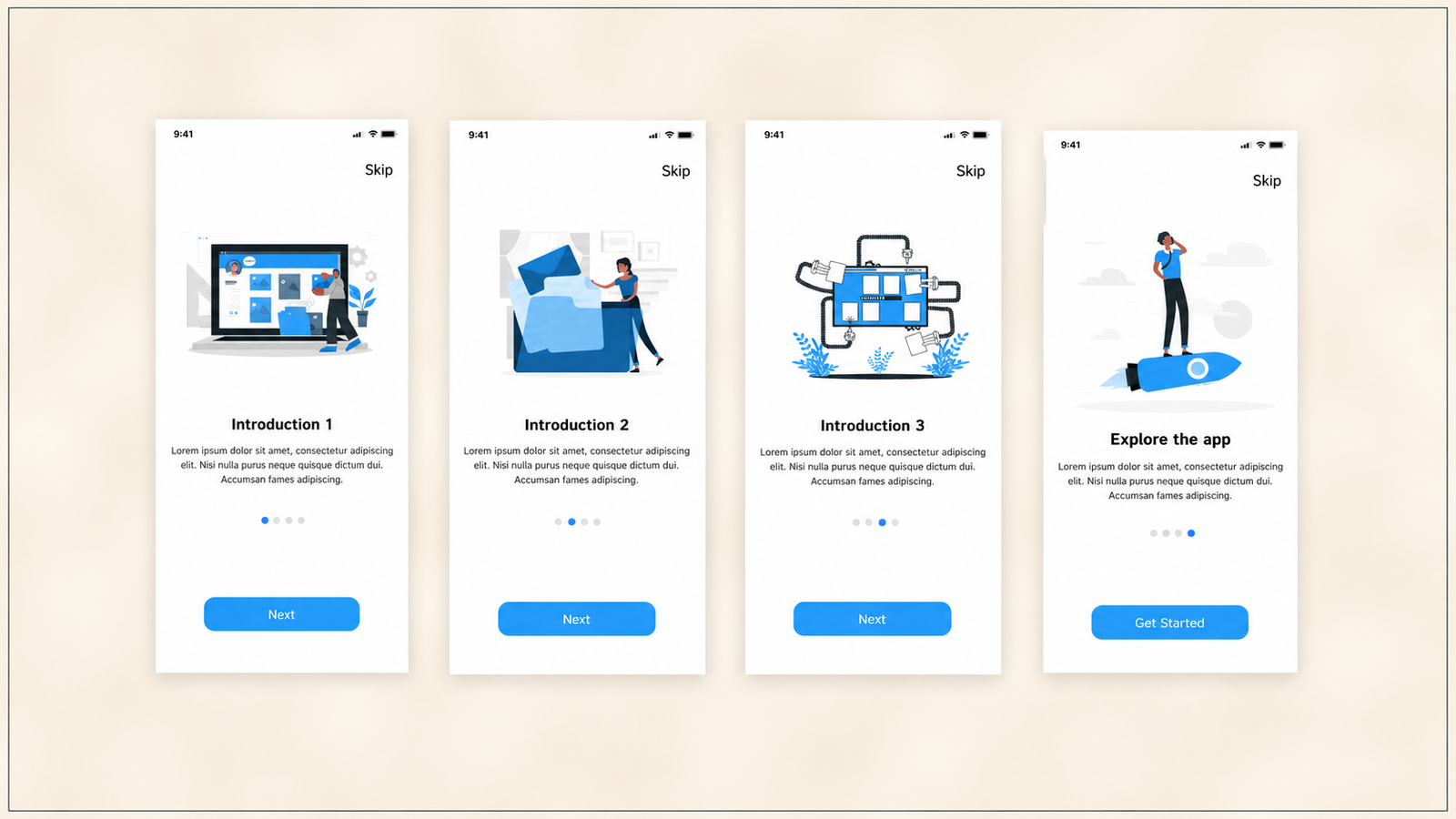 Four mobile app onboarding screens are centered on a 16:9 canvas with a plain cream-beige background featuring a subtle soft blur. A thin 0.75 px black border frames the outer edge of the image. The onboarding screens remain unchanged, displaying introductory illustrations, titles ("Introduction 1," "Introduction 2," "Introduction 3," and "Explore the app"), descriptive text, progress indicators, "Skip" links, and blue action buttons labeled "Next" or "Get Started." All original UI elements, typography, colors, spacing, shadows, and illustrations are preserved exactly, with only the surrounding canvas extended into a clean widescreen presentation.