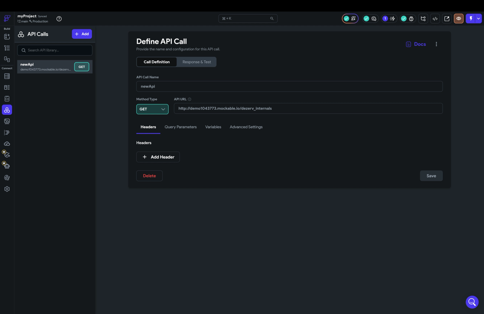 API setup interface showing a “Define API Call” form with fields for API name, method (GET), and URL, along with tabs for headers, query parameters, variables, and advanced settings.